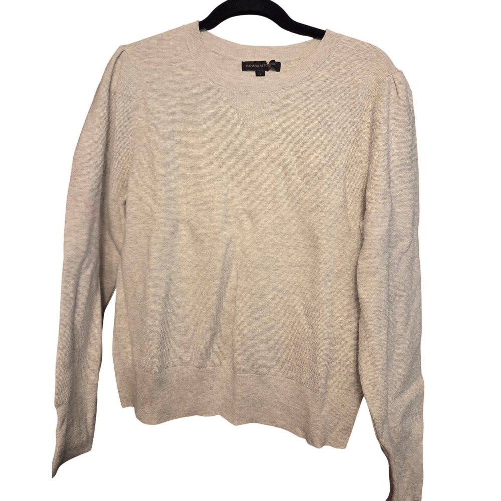 Banana Republic Puff Sleeve Sweater Women L Gray Knit Crew Neck New Old Stock